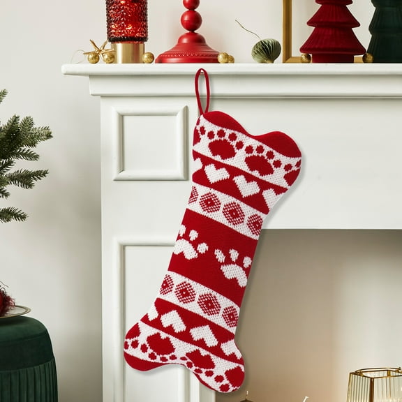 Dalrosia Dog Christmas Stocking, Knit White Christmas Stocking for Dogs, Bone Shape Dog Stocking Christmas Large Pet Stockings Hanging Dog Christmas Stocking for Dogs Cats Pets