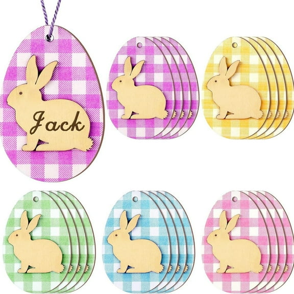 Dalrosia Easter Basket Name Tag Wooden Bunny Tags Rabbit Shape Blank Sign with Colorful Twine DIY Easter Gifts Tags for Crafts Easter Basket Spring Hanging Ornaments