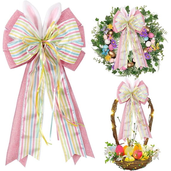 Dalrosia Easter Bows for Wreaths Decorations,Easter Tree Topper Bow,Decorative Bow with Bunny Ears Pink Burlap for Spring Home Front Door Outdoor