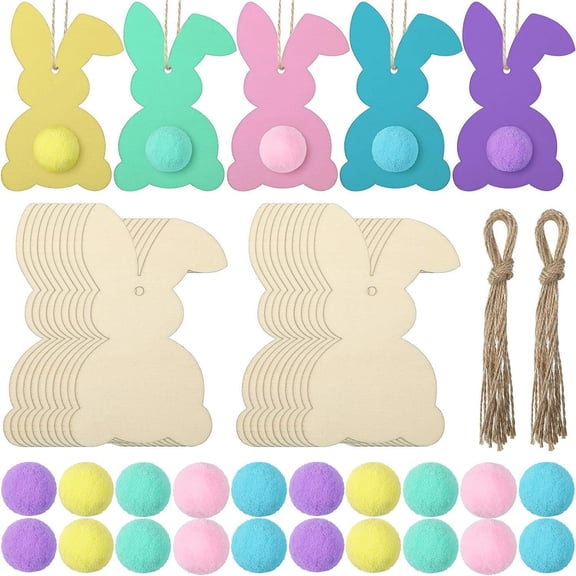 Dalrosia Easter Unfinished Wood Bunny with Colorful Felt Balls,Hanging Rabbit Cutouts Rabbit Shape Craft Tags Wooden Pendant Ornaments