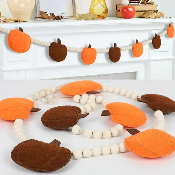 Dalrosia Fall Decor Felt Banner Autumn Pumpkin Garland with Wood Bead Orange Green Hanging Bunting Banner Garland for Thanksgiving Party Backdrop Decoration