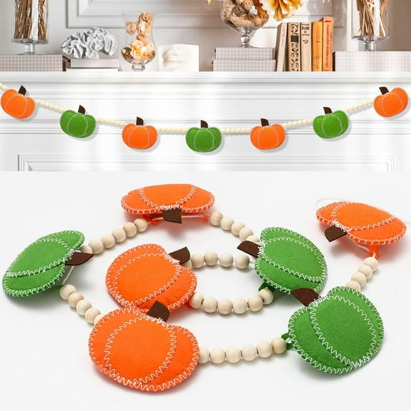 Dalrosia Fall Decor Felt Banner Autumn Pumpkin Garland with Wood Bead Orange Green Hanging Bunting Banner Garland for Thanksgiving Party Backdrop Decoration