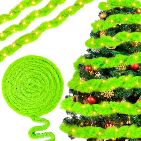 Dalrosia Faux Fur Ribbon Trim with LED Lights String Lime Green Christmas Tree Garland Artificial Furry Stripe Roll Garland for Xmas Holiday Winter Indoor and Outdoor Decoration