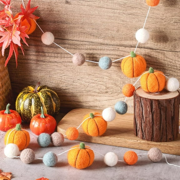 Dalrosia Felt Pumpkin Garland Autumn Thanksgiving Felt Pumpkin Ball Banner for Fall Indoor Mantle Wall Decor Boho Classroom Orange Pom Pom Party Favors