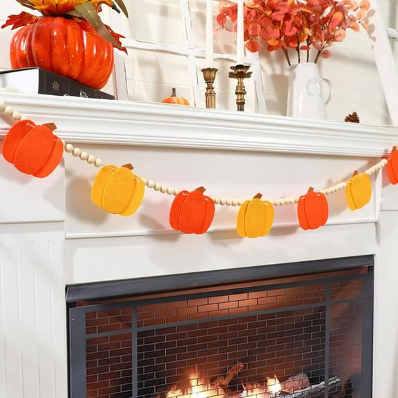 Dalrosia Felt Pumpkins Wood Bead Garland for Fall Decor- Halloween Thanksgiving Farmhouse Felt Pumpkins Banner for Fireplace Mantel Walls