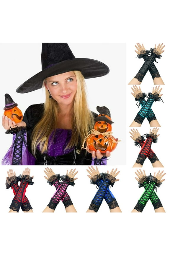 Fingerless Lace Gloves Long Goth Elbow Satin Gloves for Women Tea Party Wedding Halloween Costume Accessories