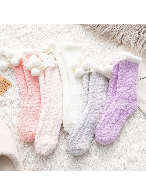 Fuzzy Socks with Pom Pom for Women, Soft Fluffy Cozy Slipper Socks,Comfy Warm Winter Sleep Plush Socks