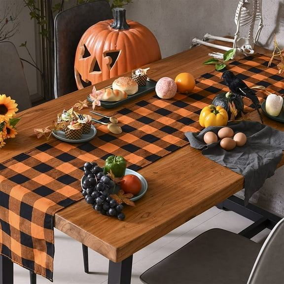Dalrosia Halloween Buffalo Check Plaid Table Runner, Cotton Polyester Blend Classic Family Dinner Table Runners for Indoor Outdoor Parties Events Home Decoration