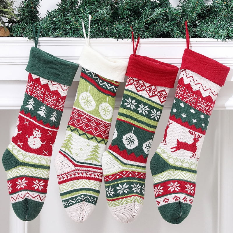 Dalrosia Knit Christmas Stockings,4PCS Snowflake Reindeer Snowman Personalized Cable Knit Stockings for Christmas Candy Gifts Decor