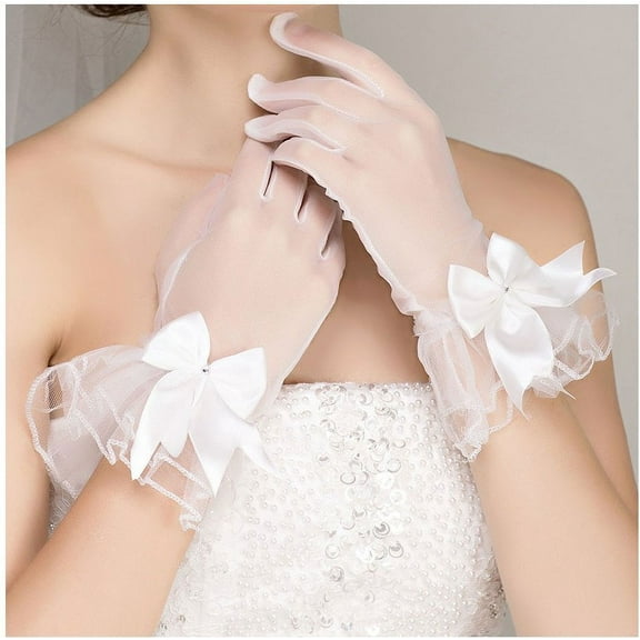 Dalrosia Lace Mesh Gloves Tulle Border with Bow Wedding Opera Tea Party Gloves for Women Formal