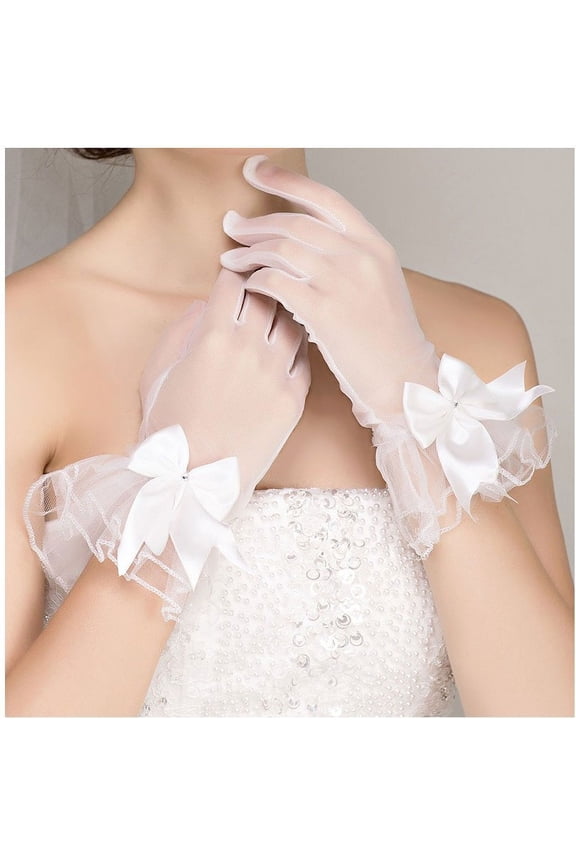 Lace Mesh Gloves Tulle Border with Bow Wedding Opera Tea Party Gloves for Women Formal
