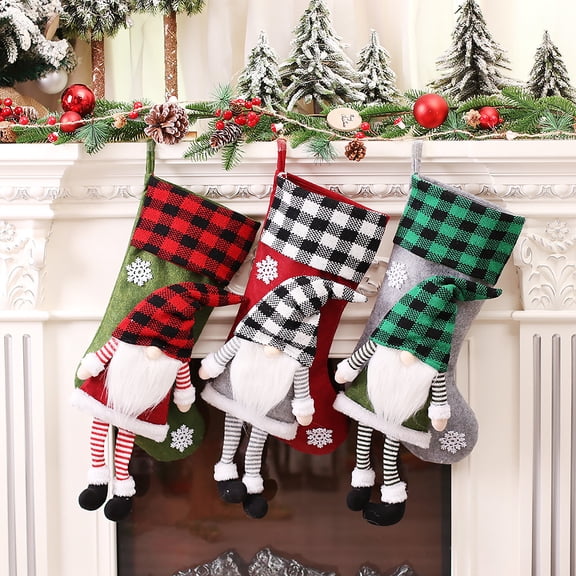 Dalrosia Large Christmas Stockings 3D Plush Gnome Santa Hanging Stockings with Long Legs Red Black Buffalo Plaid Xmas Character Hanging Socks for Xmas Party Home Fireplace Decor Family Friend Gift