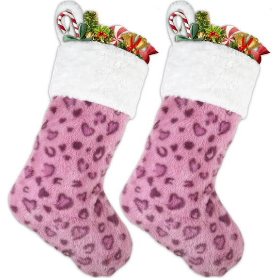 Dalrosia Large Pink Christmas Stockings, 20 Inch Leopard Xmas Stockings, Soft Plush Hanging Ornament for Fireplace Window Door Farmhouse Family Christmas Decorations