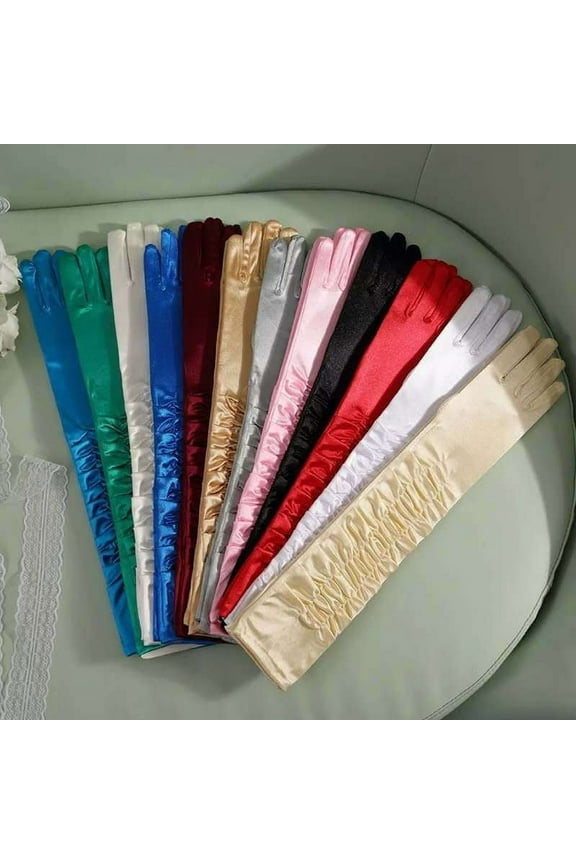 Long Elbow Satin Gloves 1920s Opera Gloves Bride Wedding Evening Party Dance 19" Elbow Adult Stretchy Pleat Gloves