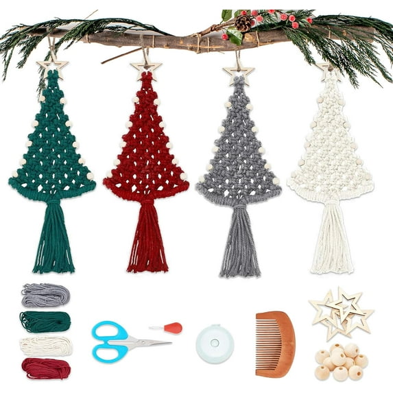 Dalrosia Macrame Christmas Tree Craft Kit, 4PCS Macrame DIY Kit for Adults Beginners with Instructions Macrame Ornaments for Christmas Tree Macrame Christmas Tree Ornaments Kit for Wall Home Décor