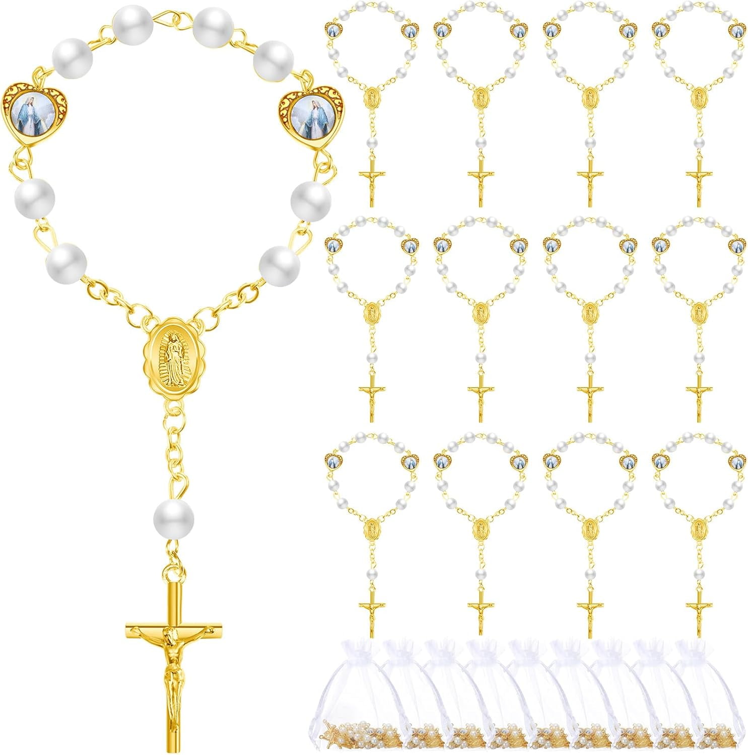 Dalrosia Mini Rosary with Organza Bags Faux Pearls Baptism Rosary Baptism Favors for Guests Catholic Finger Rosary for Christening Weddings Party Favors First Communion Gift