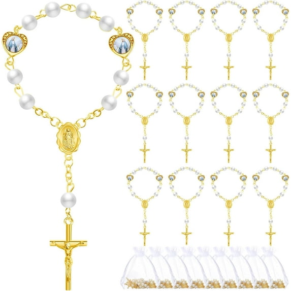 Dalrosia Mini Rosary with Organza Bags Faux Pearls Baptism Rosary Baptism Favors for Guests Catholic Finger Rosary for Christening Weddings Party Favors First Communion Gift