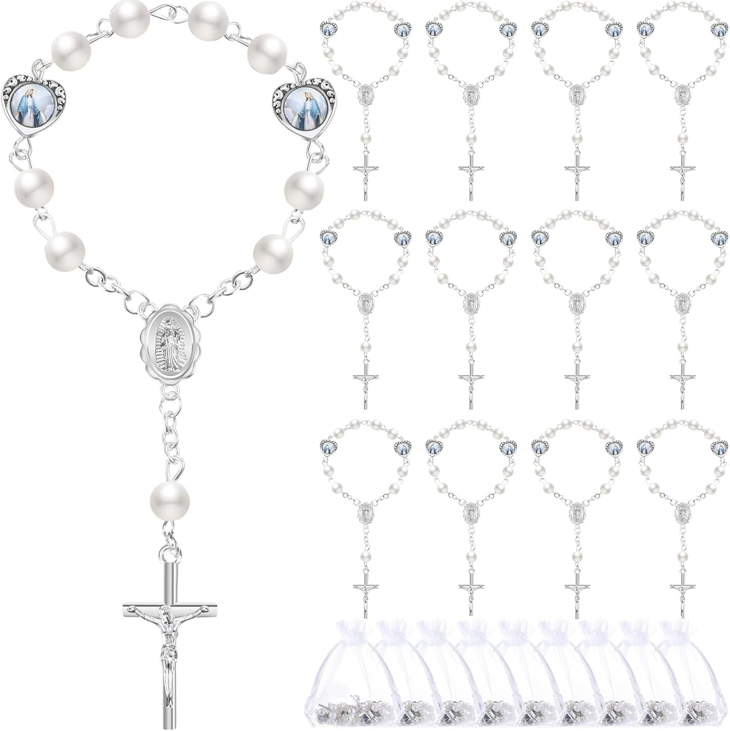 Dalrosia Mini Rosary with Organza Bags Faux Pearls Baptism Rosary Baptism Favors for Guests Catholic Finger Rosary for Christening Weddings Party Favors First Communion Gift