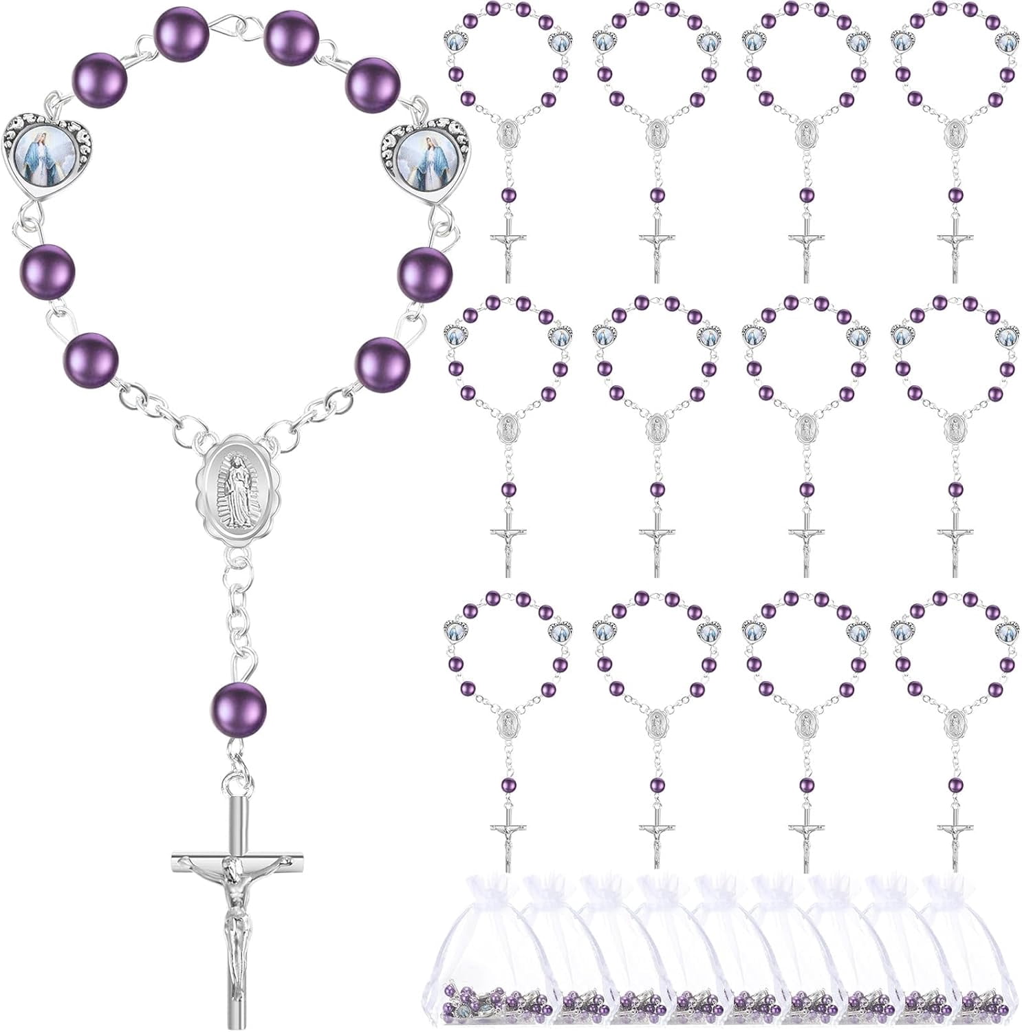 Dalrosia Mini Rosary with Organza Bags Faux Pearls Baptism Rosary Baptism Favors for Guests Catholic Finger Rosary for Christening Weddings Party Favors First Communion Gift