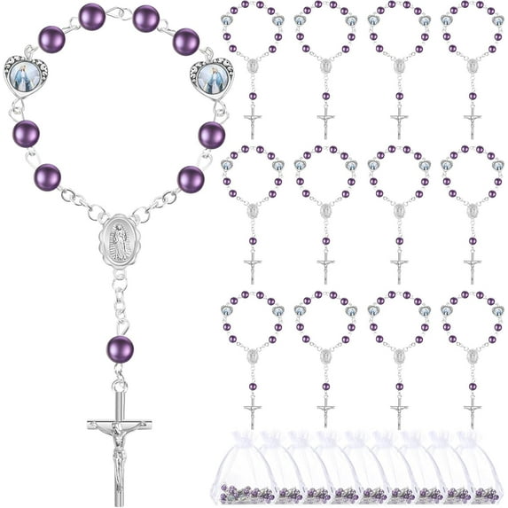 Dalrosia Mini Rosary with Organza Bags Faux Pearls Baptism Rosary Baptism Favors for Guests Catholic Finger Rosary for Christening Weddings Party Favors First Communion Gift