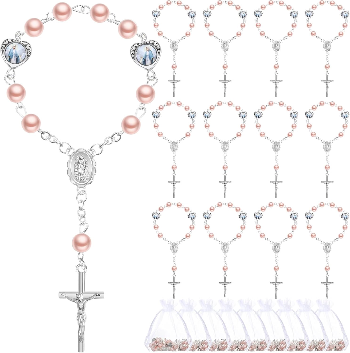 Dalrosia Mini Rosary with Organza Bags Faux Pearls Baptism Rosary Baptism Favors for Guests Catholic Finger Rosary for Christening Weddings Party Favors First Communion Gift