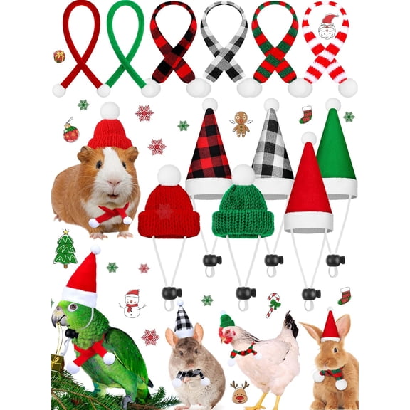 Dalrosia Mini Santa Hats, 12PCS Christmas Pet Chicken Hat Scarf Set Red Green Small Animal Hat with Adjustable for Poultry Hen Rooster Hamster Duck Lizard Guinea Pigs