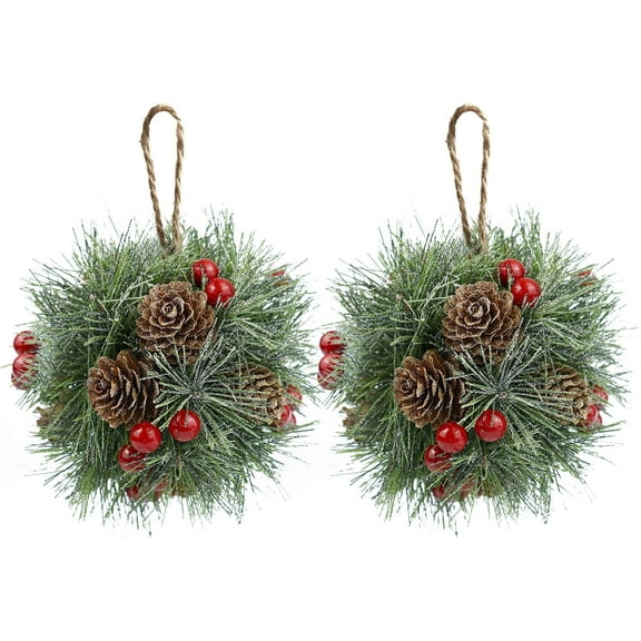 Dalrosia Mistletoe Kisses Ball Decorative, 5inch Christmas Tree Decoration of Mistletoe, 2PCS Mistletoe Kissing Pendant Ball with red Berries and Green Pine Needles at The Door