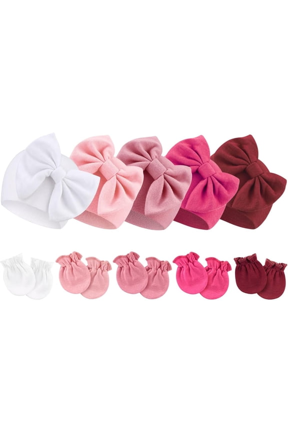 Newborn Baby Hats and Mittens Set Infant Bow Beanie Cap Toddler Gloves Newborn Hospital Hats for Baby Boy Girl 0-6 Months