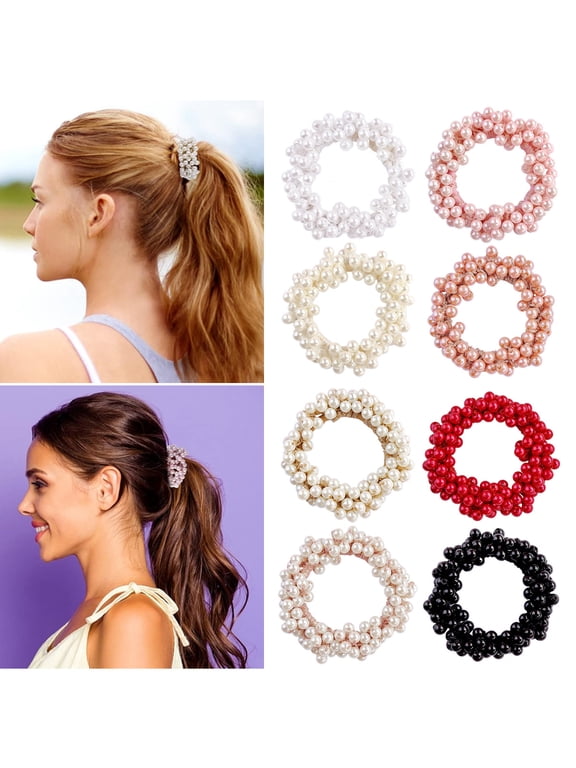 Pearl Hair Ties Beaded Fashion Elastic Hair Scrunchies Set Fancy Pearls Decorative Ponytail Holder Hair Accessories for Women and Girls
