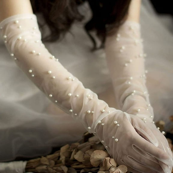 Dalrosia Pearl Wedding Gloves, Elegant Long Tulle Bridal Gloves White Lace Gloves for Brides Girls Women