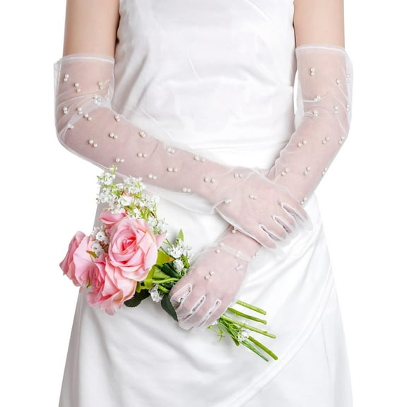 Dalrosia Pearl Women’s Wedding Gloves Long Tulle White Finger Lace 20s Opera Evening Party Sheer Gloves for Brides
