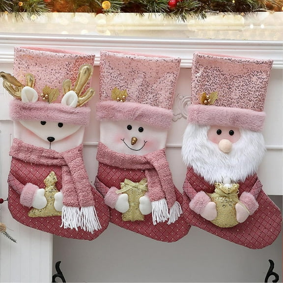 Dalrosia Pink Christmas Stockings18 Inch Xmas Stocking Sparkling Sequined Cuff with Santa/Snowman/Reindeer Dolls for Kids Family Fireplace Holiday Christmas Party Decorations