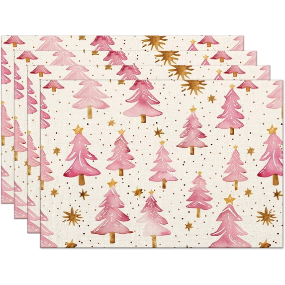 Dalrosia Pink Christmas Tree Snowflake Christmas Placemats Set of 4, 12x18 Inch Seasonal Winter Christmas Holiday Table Mats for Party Kitchen Dining Decoration