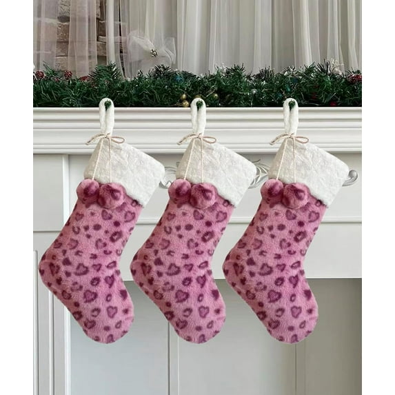 Dalrosia Pink Leopard Print Christmas Stockings, 3PCS Large Xmas Stockings with Pink Plush Faux Fur Pom Pom Balls for Family Kids Xmas Fireplace Holiday Party Decorations