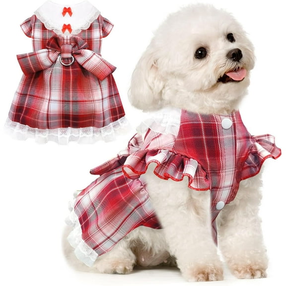 Dalrosia Plaid Dog Dress for Small Dogs Cats Bowknot Girl Dog Clothes with D-Ring Cute Princess Pet Puppy Dresses Spring Summer Pet Outfits for Chihuahua Yorkies Shih Tzu