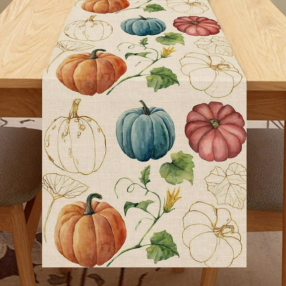 Dalrosia Pumpkins Leaves Floral Fall Table Runner, Autumn Thanksgiving Kitchen Dining Table Decoration for Indoor Outdoor Home Party 13x72 Inch