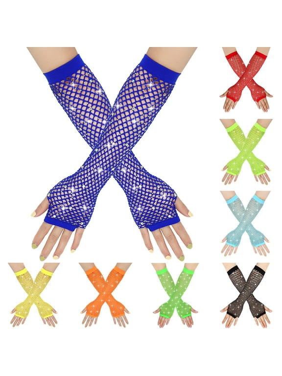 Rhinestone Fingerless Arm Fishnet Gloves Women's Long Fishnet Mesh Gloves for Women Girls Fish Net Arm Sleeve 80s Party Costume Halloween Accessories