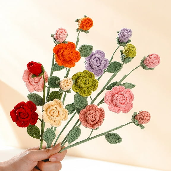 Dalrosia Roses Crochet Flowers, Pink Handmade Rose Knitted Flower Woven Roses Knitting Crochet Flower Bouquet for Wedding Home Floral Arrangement Decor Birthday Gift