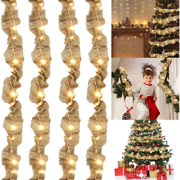 Dalrosia Rustic Christmas Tree Garland with Led Lights Burlap Natural Tan Garland Christmas Tree Ribbon for Christmas Crafts Decoration, Floral Bows Craft, 9 Feet