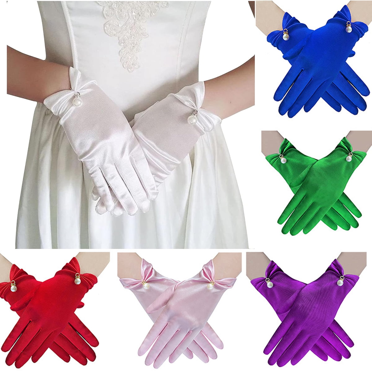 Dalrosia Satin Wedding Gloves Pearl Bridal Gloves Evening Party Wrist