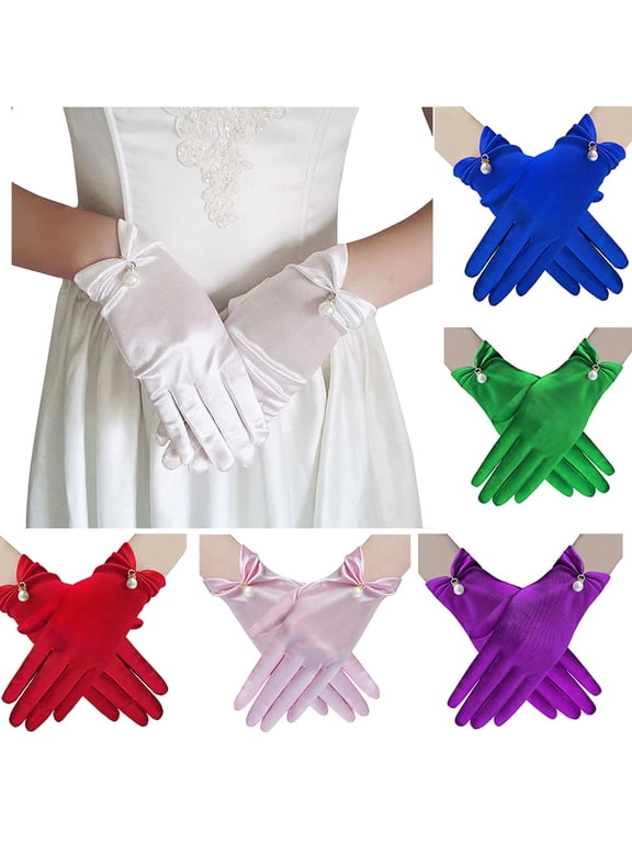 Satin Wedding Gloves Pearl Bridal Gloves Evening Party Wrist Length Gloves for Women and Girls
