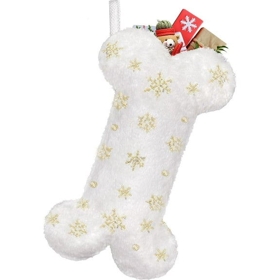 Dalrosia Snowy White Plush Pet Dog Christmas Stocking, Gold Snowflake Sequin Dog Christmas Stockings Large Bone Shape Faux Fur, Hanging Christmas Holiday Season Party Decor for Pets Dogs