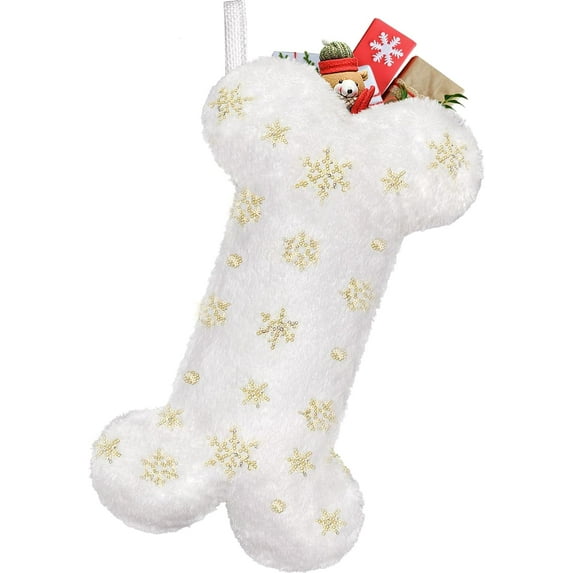Dalrosia Snowy White Plush Pet Dog Christmas Stocking, Gold Snowflake Sequin Dog Christmas Stockings Large Bone Shape Faux Fur, Hanging Christmas Holiday Season Party Decor for Pets Dogs