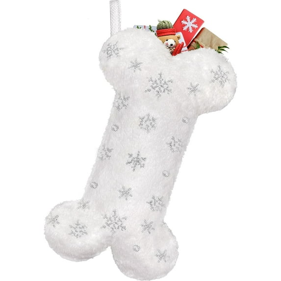 Dalrosia Snowy White Plush Pet Dog Christmas Stocking, Silver Snowflake Sequin Dog Christmas Stockings Large Bone Shape Faux Fur, Hanging Christmas Holiday Season Party Decor for Pets Dogs