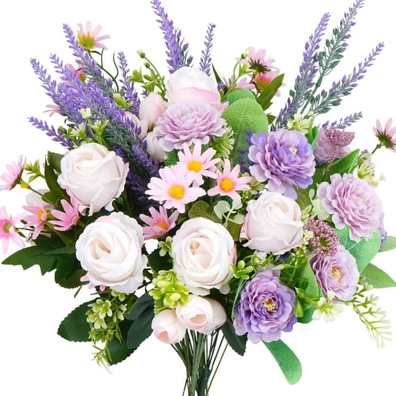 Dalrosia Spring Flowers Artificial Silk Flowers Bouquet Purple Fake Floral Arrangements with Rose Peony Daisy for Home Wedding Baby Shower Bridal Bouquet Table Centerpieces Party Decorations