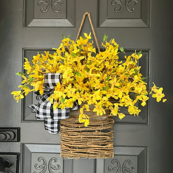 Dalrosia Spring Wreaths for Front Door, Yellow Wildflower Door Hanger Basket Wreath, Seasonal Artificial Welcome Sign Front Door Decorations Summer Hanging Ornament Home Porch Farmhouse Decors