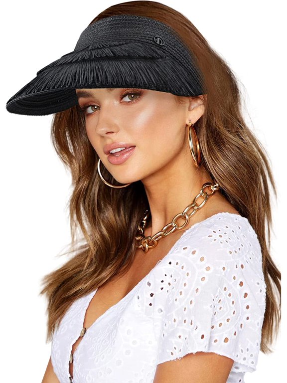 Straw Visor Hat for Women Adjustable Foldable Beach UV Sun Protection Packable Hats, Wide Brim, Allowing A Ponytail or Braid