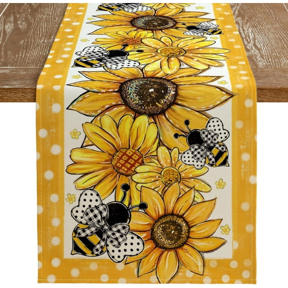 Dalrosia Sunflower Bee Flower Polka Dot Summer Table Runner, Seasonal Kitchen Dining Table Decoration for Indoor Party Home 12x72 Inch