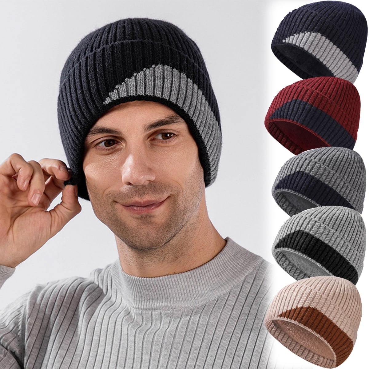 Fleece Lined Knit Beanie with Stripes - Winter Warm Skiing Hat Hand Knit Wool Beanie: Colorful Striped Winter Hat, Fleece  main image 2