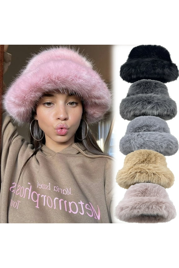 Winter Bucket Hat Fluffy Faux Fur Fisherman Plush Warm Hats Cute Fuzzy Bucket Hat for Women